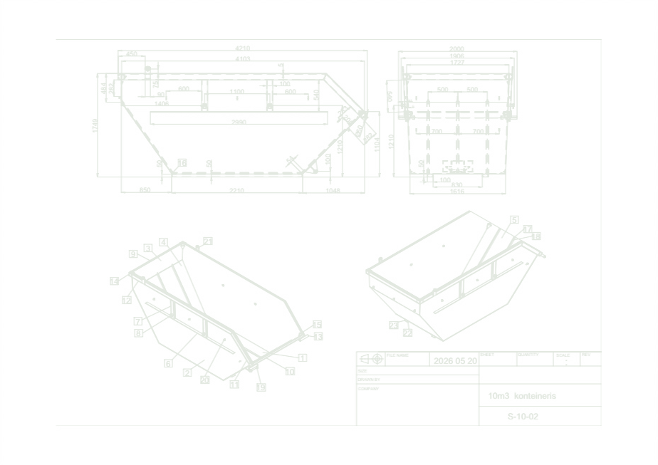 10 m³ container with a straight end – drawing